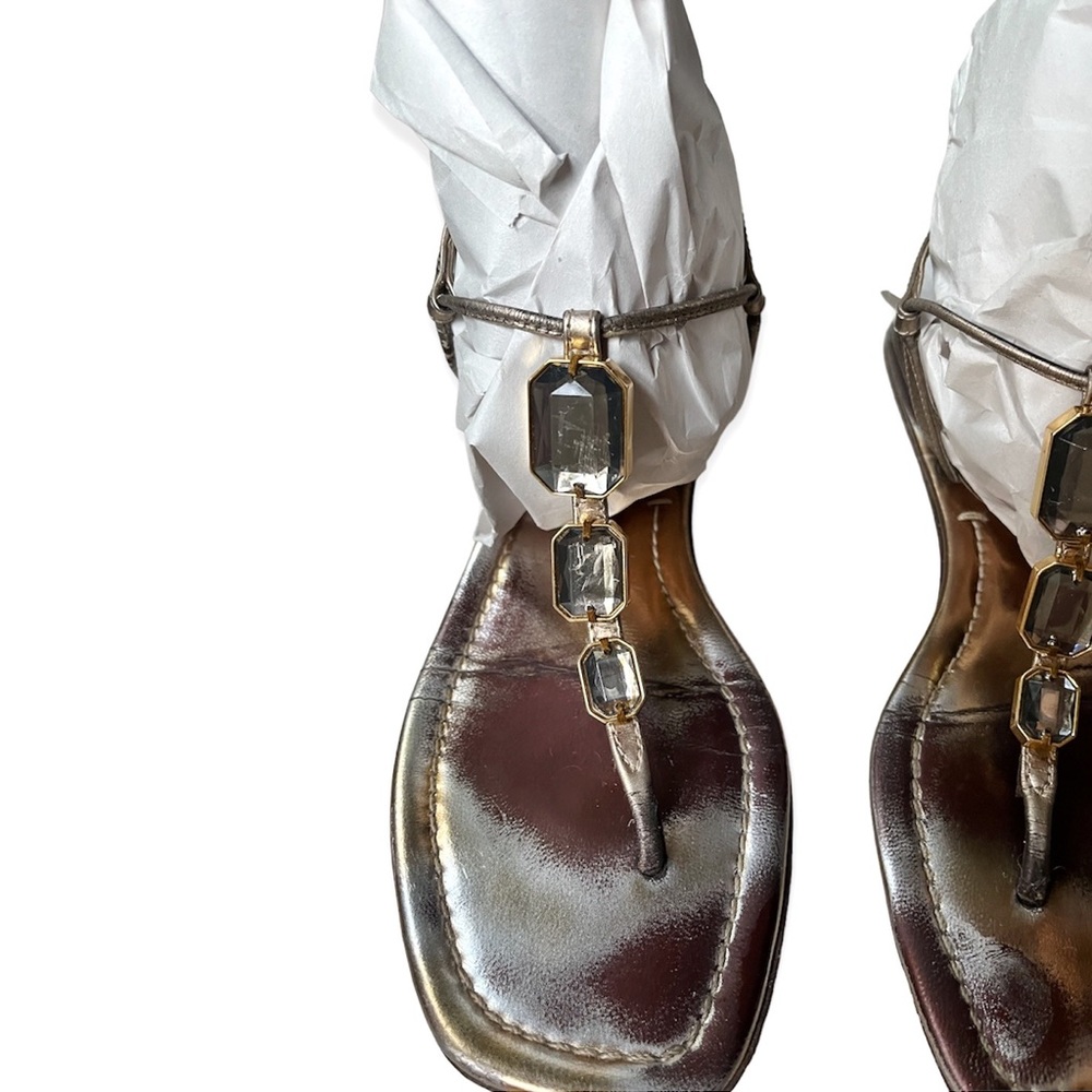 Prada Metallic Bronze T-Strap Embellished Sandals